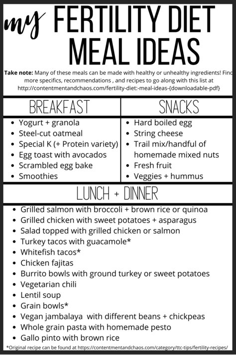 A PDF downloadable and printable fertility diet meal plan - list of meal ideas and recipes to boost fertility. TTC tips. #ttc #ttctips #fertilitydiet #fertility via @contentmentandchaos Fertility Diet Breakfast, Ttc Tips Natural Fertility, Fertility Diet Recipes Meals, Gluten Free Fertility Diet, Foods To Eat To Get Pregnant, Fertility Workout Plan, Fertility Exercise Trying To Conceive, Fertility Foods Recipes, Fertility Breakfast Ideas