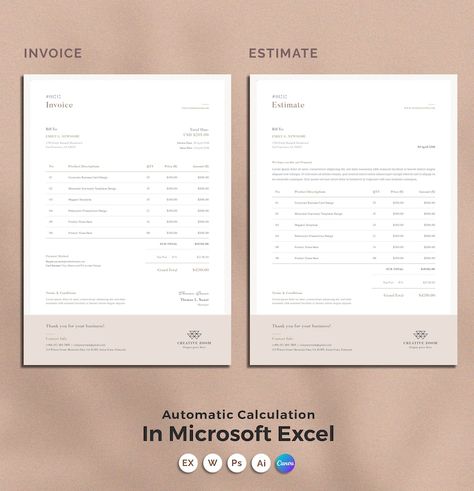 Invoice Template Estimate Quotation Receipt Printable Invoice Word Invoice Stationery Excel Invoice Digital Download - Etsy Canada Quotation Sample, Design Invoice Template, Bill Format, Design Invoice, Accounting Process, Invoice Design Template, Price List Design, Estimate Template, Presentation Board Design