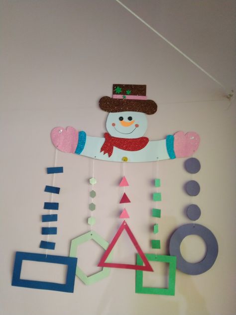 Winter Hanging Decorations Classroom, Hanging For Preschool Decoration, Shapes Display Classroom, Math Christmas Door Decorations, Shapes Kindergarten Wall Decoration, School Decorations Diy, Number Chart For Maths Exhibition, Multiple Canvas Paintings, Birthday Chart Classroom