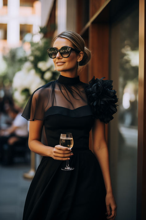 female guest at a wedding. She is wearing a black cocktail dress and her hair is tied up in a chic bun. She is wearing sunglasses and holding a glass of wine. Hairstyle For Black Dress Outfit, Wedding Guest Outfit Black Dress, Black Dress And Pearls Outfit Classy, Black Dress And Pearls Outfit, Black Dress With Pink Shoes, Black Dress With Gold Heels, Shoes With Black Dress, Black Dress For A Wedding, Accessorize Black Dress