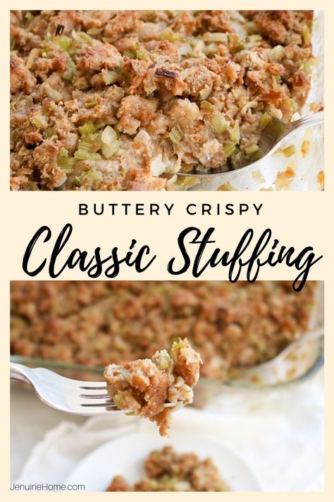 Classic homemade stuffing made from scratch for that savory side dish for Thanksgiving or Christmas. Crispy edges and buttery herb flavor can't be beat! #jenuinehome #stuffing #stuffingrecipe #traditionalstuffingrecipe #herbstuffing #thanksgivingrecipe #thanksgivingstuffing #thanksgivingsidedish #christmasrecipe #christmassidedish #holidayrecipes #holidaysidedish #comfortfood Scratch Stuffing Recipe, Bells Stuffing Recipe, Home Made Turkey Stuffing, Home Made Stuffing Recipe, Bread Stuffing Recipes Homemade, Moist Stuffing Recipe, Homemade Stuffing Recipe, Moist Stuffing, Traditional Stuffing Recipe