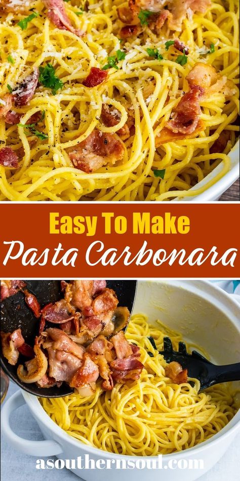 Pasta Carbonara is a classic recipe that’s simple to make with just a few ingredients. Cooked spaghetti tossed in a rich, silky sauce made with eggs and Parmesan cheese then sprinkled with smokey bacon makes a delicious dish perfect for a family meal or entertaining! Bacon Carbonara Pasta, Easy Chili Mac, Bacon Carbonara, Pasta Carbonara Recipe, Carbonara Sauce, Greek Salad Pasta, Greek Pasta, Carbonara Recipe, Easy Chili