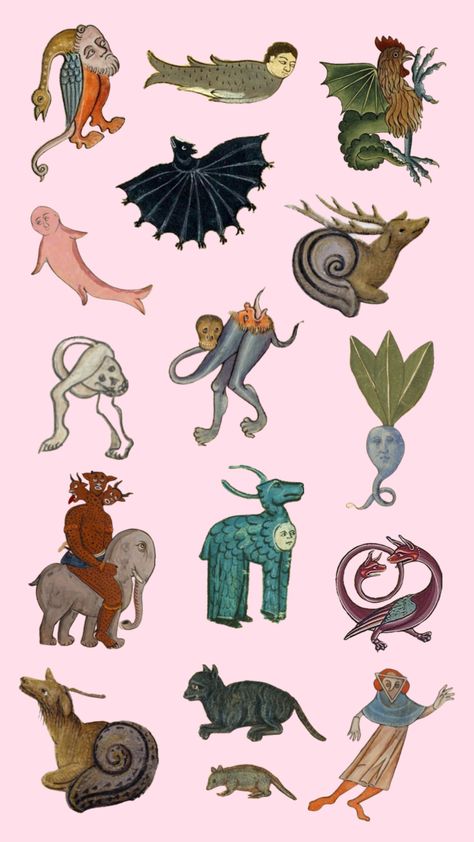 #medieval #medievalart #animals #collageart #lightpink Cute Mythical Creatures Art, Medieval Art Wallpaper, Future Medieval, Bosch Tattoo, Medieval Collage, Folklore Animals, Medieval Animal Art, Medieval Doodles, Medieval Frog