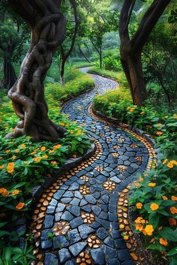 Rock Garden Design, Garden Walkway, Garden Pathway, Backyard Patio Designs, Alam Yang Indah, Garden Cottage, Rock Garden, Backyard Landscaping Designs, Garden Paths