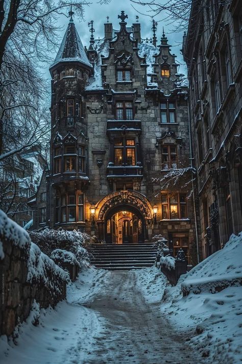 Creepy Architecture, Castle Home Aesthetic, Second Empire Architecture, Dark Castles, Gothic Buildings Architecture, Winter Castle Aesthetic, Castle Dark, Creepy Castle, Dark Castle Aesthetic