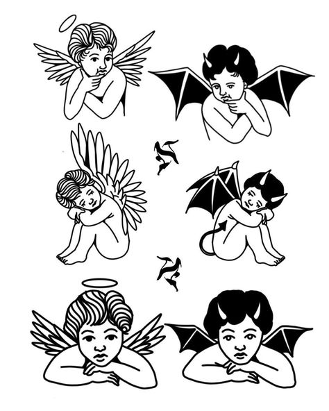 Angel And Devil Cherub Tattoo, Cherub Chest Tattoo, Angel And Devil Tattoo, Practice Tattoos, Angel Devil Tattoo, Angel Y Diablo, Baby Angel Tattoo, Cricut Quotes, Cupid Tattoo