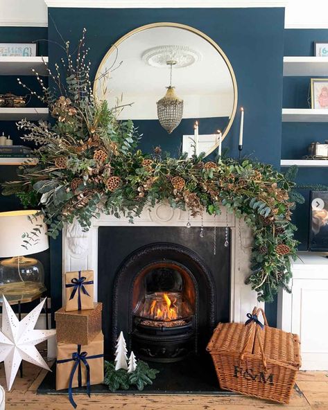 Living Room Farrow And Ball, Blue Fireplace, Palladian Blue Benjamin Moore, Best Blue Paint Colors, Palladian Blue, Borrowed Light, Mantle Garland, Hague Blue, Driven By Decor