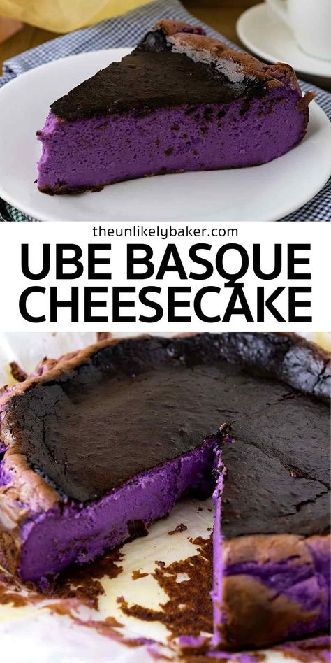 This ube basque cheesecake is so easy to make you won’t need a water bath to achieve the smoothest and the creamiest texture, and you don’t need to worry about cracks. The more rustic it looks, the better! Plus, it’s rich and delicious it’s destined to be the star of your celebrations. Ube Basque Burnt Cheesecake, Ube Basque Cheesecake, Cheesecake Easy Recipe, Ube Cheesecake Recipe, Ube Desserts, Ube Cheesecake, Basque Burnt Cheesecake, Filipino Dessert Recipes, Burnt Cheesecake