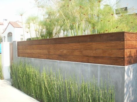 Image result for concrete block and wood fence Smooth Stucco, Pagar Modern, Wood Fence Design, Fence Toppers, Modern Fence Design, Concrete Fence, Ipe Wood, Diy Fence, Front Yard Fence