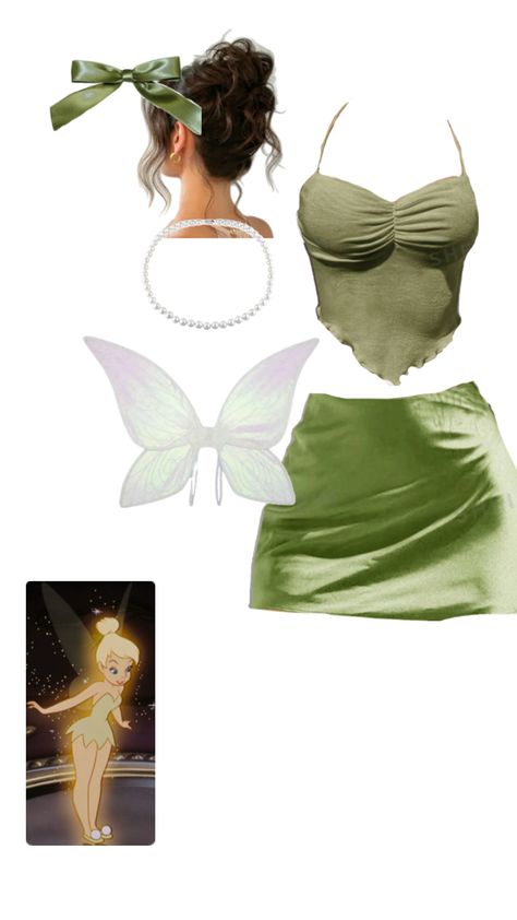 Tinkerbell Costume Inspiration, Tinker Bell Costume Aesthetic, Cute Tinker Bell Costume, Tinkerbell Modern Outfit, Tinker Bell Aesthetic Costume, Tinkerbell Diy Costume Women, Brunette Tinkerbell Costume, Halloween Costume Drawing Reference, Tinker Bell Costume Ideas