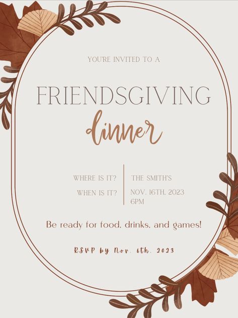 Friends Giving Invitation Free, Friends Giving Invite, Friends Giving Invitations, Friendsgiving Invitations Template, Fun Games To Make, Thanksgiving Invitation Ideas, Desert Invitations, Friendsgiving Invitations, Friendsgiving Dinner Invitation