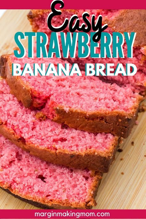 Strawberry banana is such a classic fruit combo, and it is so delicious in this easy quickbread recipe! Made with real strawberries and bananas plus some strawberry Jello, this bread is moist and tender--making a delicious breakfast or dessert! Strawberry And Banana Deserts, Strawberry Banana Desserts Easy, Strawberry And Banana Recipes, Strawberry Jello Recipes, Strawberries And Bananas Dessert, Strawberry Jello With Bananas, Banana And Strawberry Bread, Strawberry Cream Cheese Banana Bread, Strawberry Banana Bread With Frozen Strawberries