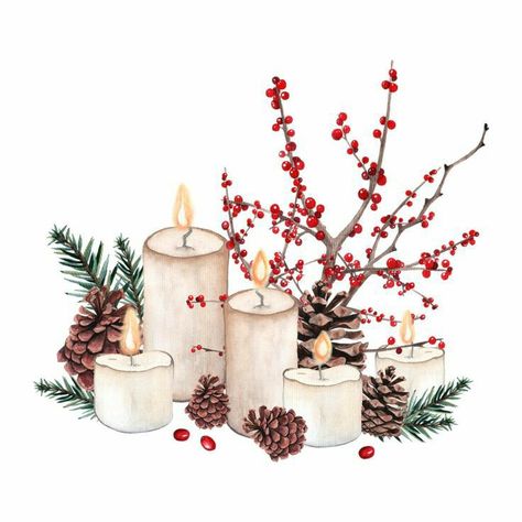 Christmas Composition, Wall Furniture, Christmas Candle Decorations, Watercolor Christmas Cards, Watercolor Christmas, Furniture Art, Christmas Drawing, Christmas Paintings, Christmas Illustration