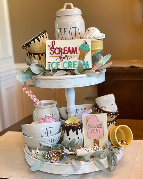 I Scream For Ice Cream, Rainbow Gnome, Ice Cream Sign, Summertime Decor, Summer Tiered Tray, Ice Cream Decorations, Rainbow Garland, Rainbow Wood, Farmhouse Tray