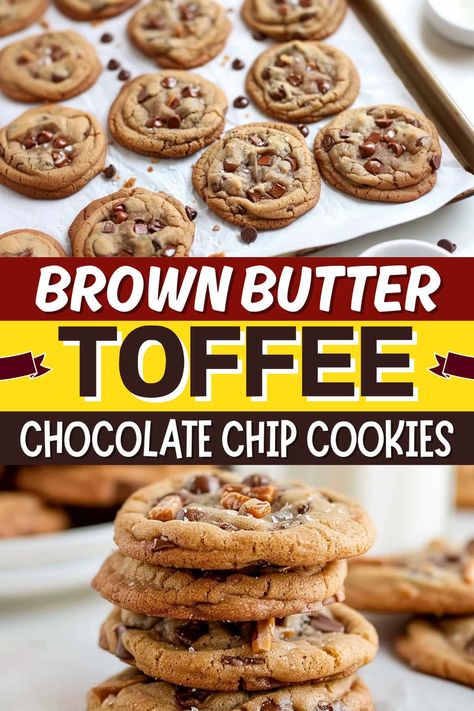 These brown butter toffee chocolate chip cookies are rich and nutty with gooey pockets of chocolate and crunchy toffee bits in every bite. Brown Butter Chocolate Chip Toffee Cookies, Beer Butter Cookies, Brown Butter Trash Can Cookies, Brown Butter Heath Cookies, Browned Butter Toffee Chocolate Chip Cookies, Brown Butter Cookie Bars, Brown Butter Dessert Recipes, Recipes With Toffee Bits, Browned Butter Cookies