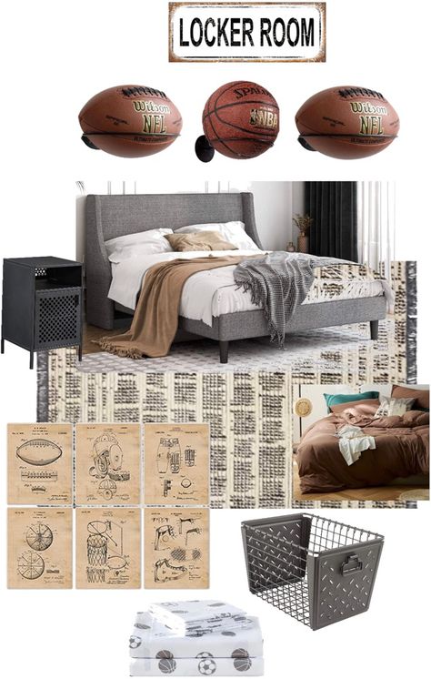 Sports bedroom. Black, cream, brown, grey. Neutral bedroom Classy Sports Bedroom, Sports Bedroom For Teenage Boys, Teen Boy Football Bedroom, Boy Football Bedroom, Sports Bedroom For Boys, Football Room For Boys, Boys Football Bedroom Ideas, Boy Sports Room, Sports Themed Bedroom For Boys