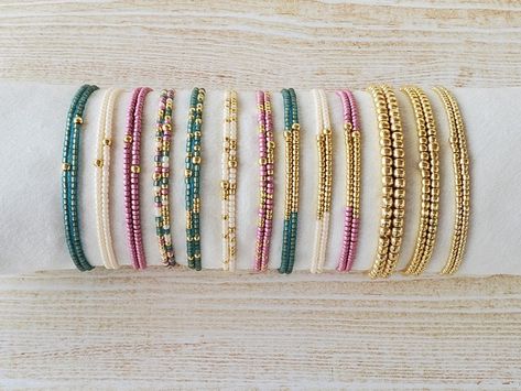 Beaded Bracelet Stack, Gold Stretch Bracelet, Bracelets Handmade Beaded, Seed Bead Bracelets, Metallic Accents, Bracelet Stack, Set For Women, Green Gold, Stretch Bracelet