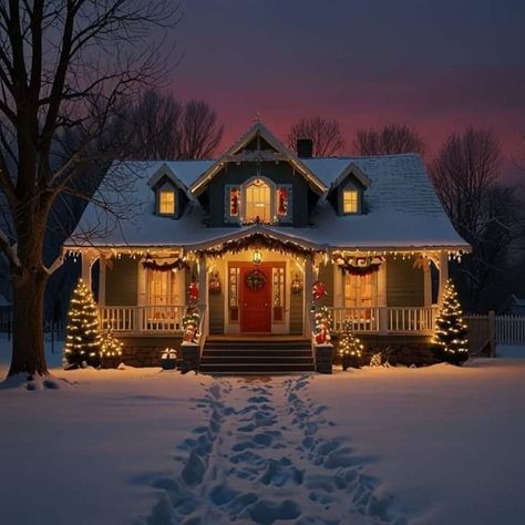 Christmas Lights On House Exterior Farmhouse, Cozy Christmas House Exterior, Christmas Cabin Exterior, Christmas Aesthetic House, Christmas House Aesthetic, Farmhouse Christmas Lights Exterior, Christmas House Outdoor, House Christmas Decor Outdoor, Christmas Decor Exterior