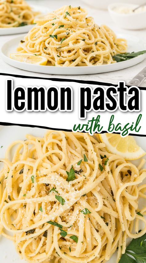 This Lemon Basil Pasta Recipe is a simple, bright, tasty dinner that’s on the table in under 20 minutes. It’s packed full of fresh flavors like garlic, zesty lemon, and creamy parmesan cheese. Basil Chicken Pasta Recipes, Lemon Basil Pasta Recipes, Lemon Basil Pasta Sauce, Lemon Basil Spaghetti, Lemon Parm Pasta, Basil Recipes Pasta, December Meals, Sour Cream Pasta, Lemon Pepper Pasta