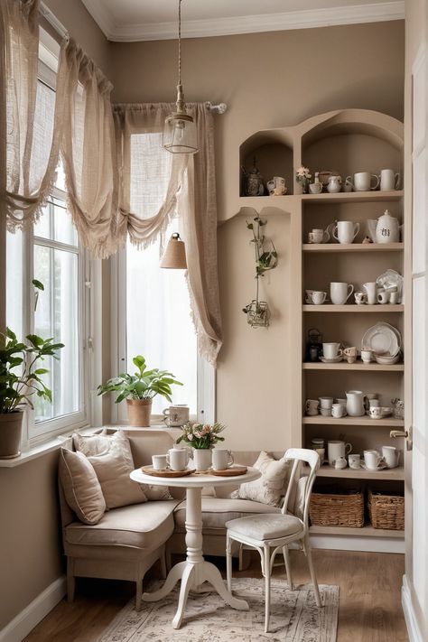 Cozy corner with a small table, chairs, plants, and shelves filled with cups and teapots. Coffee Nook With Seating, Shabby Chic Interior Design Style, Coffee Nook Ideas, Cozy Coffee Corner, Cozy Coffee Nook, Coffee Nooks, Micro Bakery, Nook Inspiration, Tea Room Design