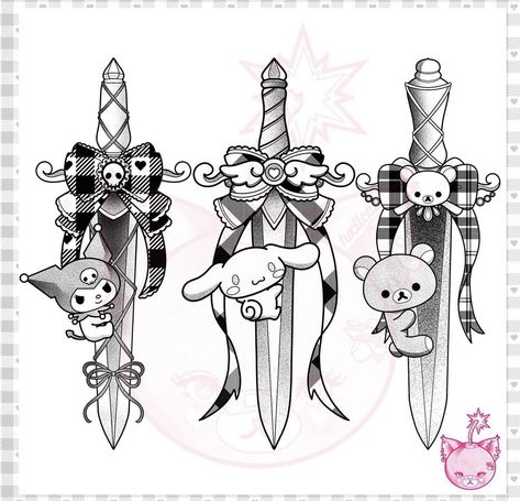 Kuromi Knife Tattoo, Yami Kawaii Tattoo, Doll Joints Tattoo, Girly Knife, Kuromi Tattoo, Tarot Tattoo, Hello Kitty Tattoos, Kawaii Tattoo, Tattoo Flash Sheet