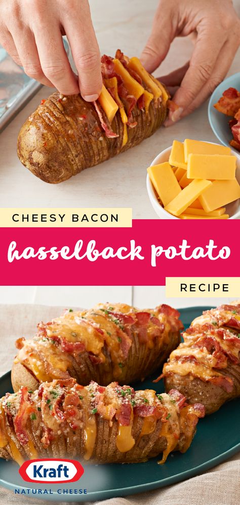 Stuffed Hasselback Potatoes, Hasselback Baked Potato, Potatoes Hasselback, Bacon Cheese Potatoes, Takeout Recipes, Stuffed Potato, Baked Potato Casserole, Hasselback Potatoes, Bacon And Cheese