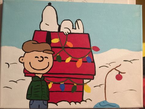 Peanuts Christmas Snoopy & Charlie Brown. I painted on    9x12 canvas Charlie Brown Canvas Painting, Disney Christmas Paintings On Canvas, Charlie Brown Christmas Painting, Snoopy Canvas Painting, Charlie Brown Painting, Peanuts Painting, Paint Night At Home, Snoopy Painting, Holiday Paintings