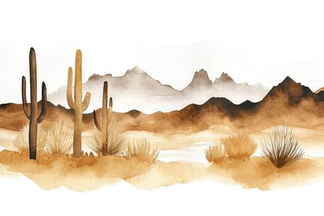 Desert landscape outdoors nature. | premium image by rawpixel.com / Ake Cactus Desert Watercolor Painting, Desert Landscaping Painting, Watercolor Desert Landscape, Desert Watercolor, Atmospheric Perspective, Desert Landscape Painting, Desert Painting, Watercolor Mountains, Time Art