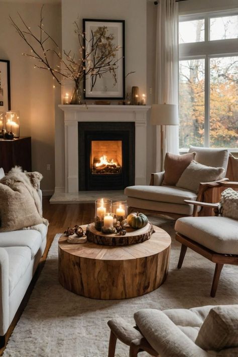 Fall House Living Room, Round Accent Table Living Room, Chic Fall Home Decor, Fall Home Inspiration, Interior Fall Decor, Large Cozy Living Room, Living Room Color Pallet, Autumn Decorating Living Room, Cosy Living Room Ideas Warm Colours