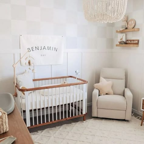 Nursery Wallpaper Accent Wall, Checkered Nursery, Bowie Wallpaper, Checkered Backdrop, Checker Wallpaper, Nursery Trends, Glider Rocker, Bedroom Walls, Nursery Inspo