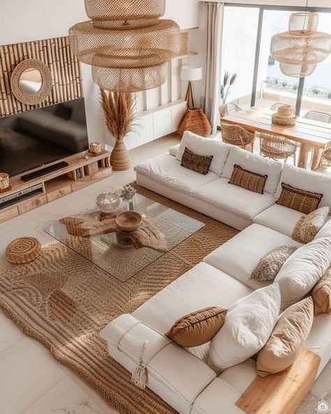 All White Home Interior Decorating Ideas, White Sofa Decor Living Rooms, Resort Interior Design Living Rooms, Contemporary Scandinavian Living Room, Boho Modern Living Room Decor, Organic Modern Boho Living Room, White Living Room Boho, Living Room Designs Earthy, Scandinavian Living Room Decor Ideas