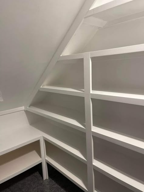 Under Stair Pantry Shelving Ideas, Under Stair Storage Shelves, Understairs Butlers Pantry, Staircase Pantry Ideas, Under Stair Butler Pantry, Pantry With Sloped Ceiling, Closet Under The Stairs Organization, Under Stairs Cupboard Ideas, Pantry Under Stairs Walk In