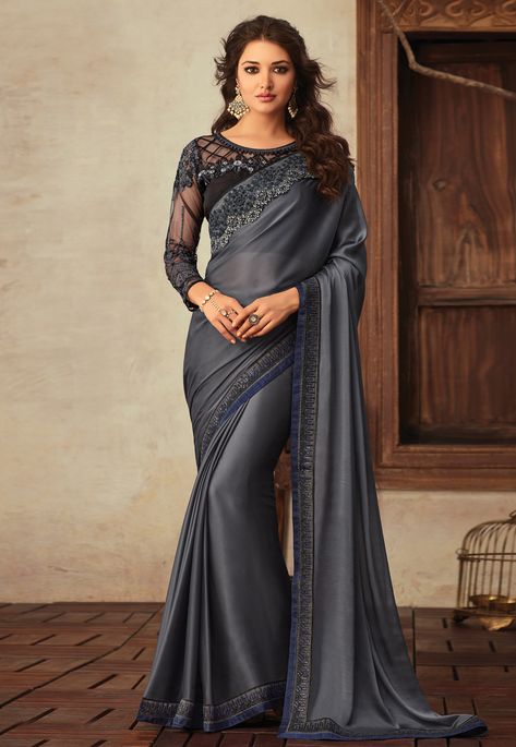 A full sleeve blouse with net sleeves and embroidered work with the sleeve.. Boat neck saree blouse design:. Black floral embroidered women’s blouse sleeveless with the back open fabric:. It is one of the latest styles in blouse neck designs, which women use widely.You can look new details of Blouse Designs For Grey Saree by click this link : view details Saree Jewellery Ideas, Saree Contrast Blouse, Georgette Saree With Blouse, Grey Saree, Full Sleeve Blouse, Saree Jewellery, Saree Style, Indian Designer Sarees, Saree Gown