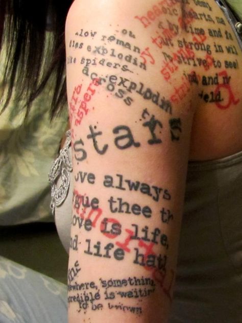 Lyrics Sleeve Tattoo, Quote Sleeve Tattoo, Red Text Tattoo, Overlapping Tattoos, Tattoo Wording, Literary Tattoos Quotes, Literature Tattoos, Poem Tattoo, Serotonin Tattoo