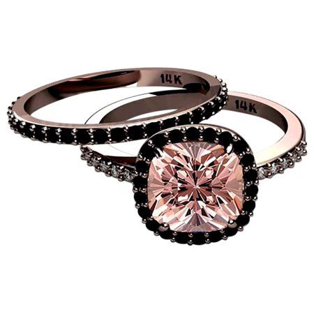 2.00 carat Morganite and Black diamond Halo Bridal Set in 925 Silver with Rose Gold Plating. This ring can be customized to 14k / 18k / 925 Silver with Rose Gold Plating / 925 Silver with White Gold Plating / 925 Silver with Yellow Gold Plating Product DetailsGeneralMetal SettingProduct CodeSilver2MOR011MetalSterling SilverTotal Carat Weight2.00Gold Plating18kCenter Stone DetailsSide Stone DetailsCarat Weight1.00Carat Weight1.00ColorPeach PinkColorI-JClarityAA GradeClarityVVS Size: 7.0.  Color: Black And Rose Gold Ring Engagement, Black Stone Engagement Ring Rose Gold, Champagne Diamonds Engagement, Pink Wedding Rings, Halo Bridal Set, Pearl Flowers, Black Gold Jewelry, Black Wedding Rings, Black Diamond Engagement