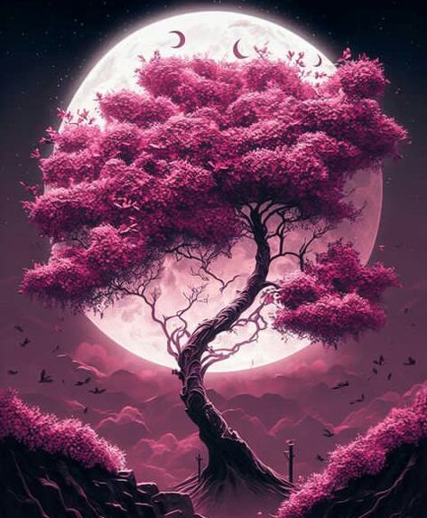 Moon, Flowers, Pink