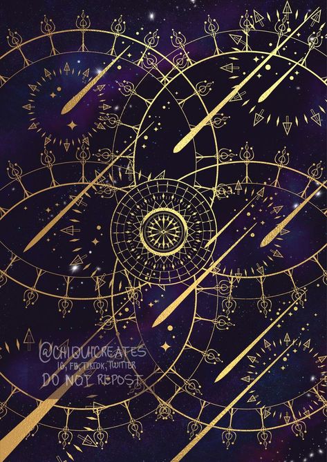 FFXIV - Astrologian Macrocosmos-inspired artwork. There is a black and purple starry galaxy sky as a background. In the foreground is a golden pattern of circles, stars, and comets. Shadowbringers Ffxiv Wallpaper, Ffxiv Landscape, Ffxiv Astrologian Art, Astrologian Ffxiv Art, Ffxiv Black Mage, Ffxiv Amaurot, Astrologian Ffxiv, Star Map, Sun And Stars