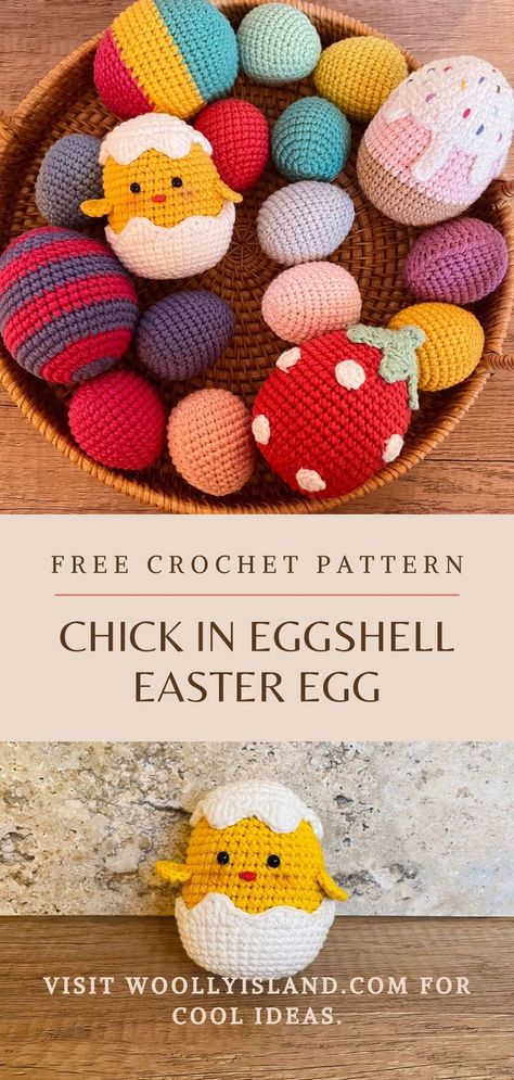 The Chick In Eggshell is the main character of my Easter Eggs Collection. It features a cute little chick hiding inside his eggshell. This pattern is more difficult than the normal easter egg pattern. If you are a beginner and want to start with something simple but equally fun. Please go check out my Small Easter Egg Crochet Pattern and Striped Easter Egg Crochet Pattern. So let’s get started~ Please check out www.woollyisland.com for interesting contents ~ Crochet Chicks In Eggs, Amigurumi Easter Eggs, Chick In Egg Crochet Pattern, Crochet Egg Pattern, Easter Egg Crochet, Egg Crochet Pattern, Egg Crochet, Spring Crochet, Egg Pattern