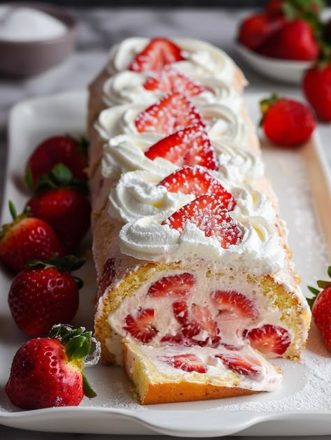 Ingredients: 🍓 Ingredients for Strawberry Cake Roll For the Cake: 3 large eggs 1 cup granulated sugar 2/3 cup cake flour 1 teaspoon baking powder ¼ teaspoon salt 1 teaspoon vanilla extract Powdered sugar, for dusting For the Filling: 1 cup heavy cream 2 tablespoons granulated sugar 1 teaspoon vanilla extract 1 ½ cups fresh strawberries, sliced Strawberry Roll Cake Recipe, Cake Roll Vanilla, Strawberry Jam Roll Cake, Vanilla Cake Roll, Strawberry Roll Cake Aesthetic, Strawberry Cake Roll, Strawberry Roll Cake, Fluffy Cake, Dessert Recipies