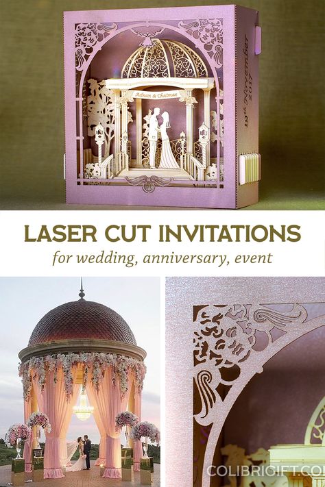 Rose Gold wedding invitations pop-up 3d invites with RSVP cards laser cut paper cut. Modern invitations. Bride and groom figures and wedding ceremony scene in paper modeling, like the theatre scene. Extremely well detailed. Gift envelope. Custom design to order. Discounts for bulk orders. 1 week for design, 1 week for 50 cards creation. Fast shipping option (3-5 business days). Paper color palette options. Luxury vip category invitations. Pop Up Wedding Card, 3d Invitation Card, Paper Color Palette, 3d Wedding Invitations, Bendy Cards, Kalash Decoration, Pop Up Invitation, Modern Invitations, Pop Up 3d