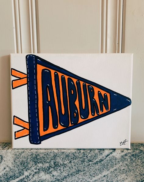 8 x 10 inch Custom Pennant Painting is perfect for adding personality to any room. Can be customized to be your name, school name, or team name, as well as what two colors for the pennant! College Painting Canvases Dorm Room, Auburn Painting, Auburn Decor, Sorority Signs, College Canvas Art, Dorm Paintings, College Canvas, Big/little Baskets, Name Design Art