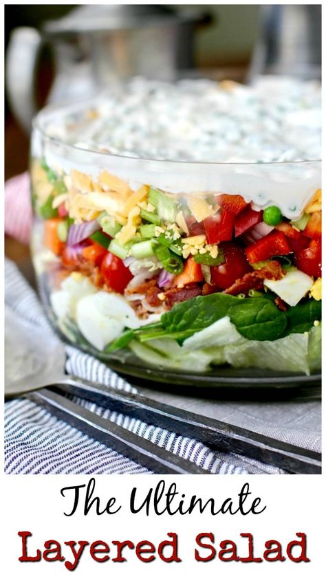 Twelve Layer Salad with iceberg, baby spinach, bacon, and peas (and lots of other veggies) #salad #layeredsalad Layered Spinach Salad With Peas, Layered Spinach Salad, Poolside Meals, Salads Spinach, Layered Salads, Veggies Salad, Recipes With Cool Whip, Layer Salad, Layered Salad Recipes