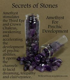 Secrets of Stones - Amethyst for Psychic Development Stone Art Ideas, Crystal Power, Psychic Development, Amethyst Healing, Crystal Therapy, Crystal Healing Stones, Crystal Magic, Rocks And Gems, Crystal Grid