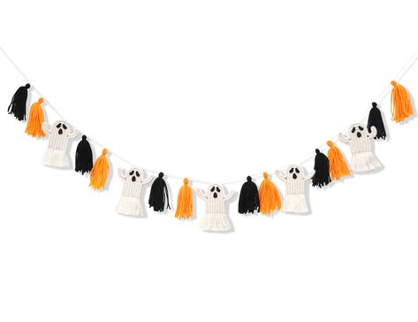 PRICES MAY VARY. PREMIUM MATERIALS - The Halloween macrame ghost banner is made of high-quality cotton rope, lightweight , durable and not easy to break, which can be applied for a long time , this festive and eye-catching decoration will surely bring a touch of spookiness and charm to your home HALLOWEEN GARLAND - This Halloween hanging is made up of 5 small ghosts , 6 small orange tassels and 6 small black tassels , which perfectly combines the elements of Halloween , they are already assemble Boho Halloween Garland, Macrame Ghost, Halloween Macrame, Ghost Banner, Ghost Garland, Spooky Crafts, Tassel Banner, Ghost Wreath, Happy Haunting