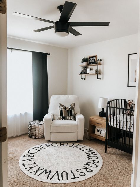 Neutral baby boy nursery Black And Brown Nursery Boy, Black And Cream Nursery, Black And Neutral Nursery, Baby Boy Nursery Black Crib, Black And White Boy Nursery, White Crib Boy Nursery, Black And White Nursery Boy, Neutral Baby Boy Nursery, Vintage Nursery Room