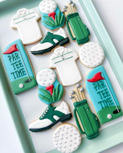 Golf Retirement Cookies, Shamrock Cookies Decorated, Golf Cookies Decorated, Golf Fathers Day Gifts, Golf Sugar Cookies, Golf Cookies, Sports Cookies, Golf Stick, Shamrock Cookies