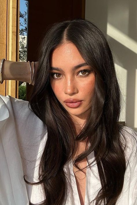 Voluminous Brunette Hair, Kelsey Merritt Hair, Kelsey Merritt Makeup, Dark Features Women, Dark Hair Latina, Tan Skin Hair Color, Dark Hair Asian, Brown Almost Black Hair, Black Hair Tan Skin