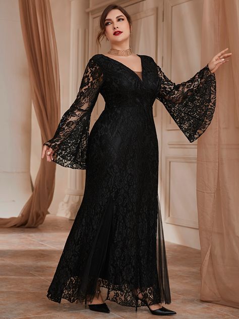 Formal Dresses Long Elegant Evening Gowns Lace Sleeves, Plus Size Elegant Dresses Classy Evening, Black Gown Plus Size, Plain Black Gown, Dry Lace Styles, Black Evening Dresses Plus Size, Plus Size Party Dresses For Wedding, Black Dresses Plus Size, Plus Size Gowns With Sleeves