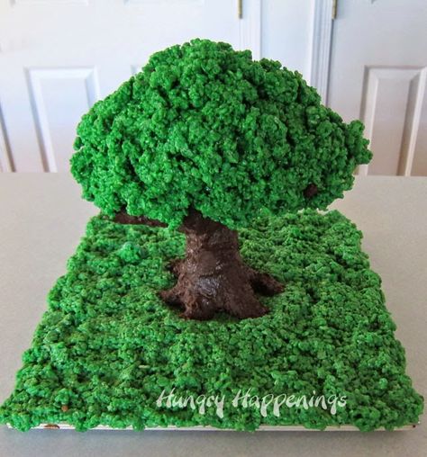 How to make Rice Krispie Treat Apple Tree  | HungryHappenings.com Edible Pine Trees For Cake, Edible Trees For Cakes, Green Rice Crispy Treats, Dinosaurus Cake, Meadow Cake, Fondant Tree, Thanksgiving Sweets, Homemade Rice Krispies Treats, Cocoa Krispies