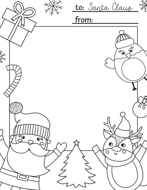 vector carta en blanco y negro a la plantilla de santa claus. lindo diseño de tarjeta de Navidad. diseño de marco de invierno para niños con personajes divertidos. fondo festivo o página para colorear con lugar para el texto. Carta A Santa Claus, Santa Claus Template, Christmas Card Layouts, Template Cute, Coloring Letters, Snowman Coloring Pages, Santa Template, Santa Letter Template, Christmas Tree Coloring Page